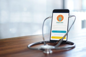 Stethoscope wear with smartphone, Doctor through the phone screen check health. Online medical consultation, online medical and medicine clinic connect and communication with patient green hope app screenshot